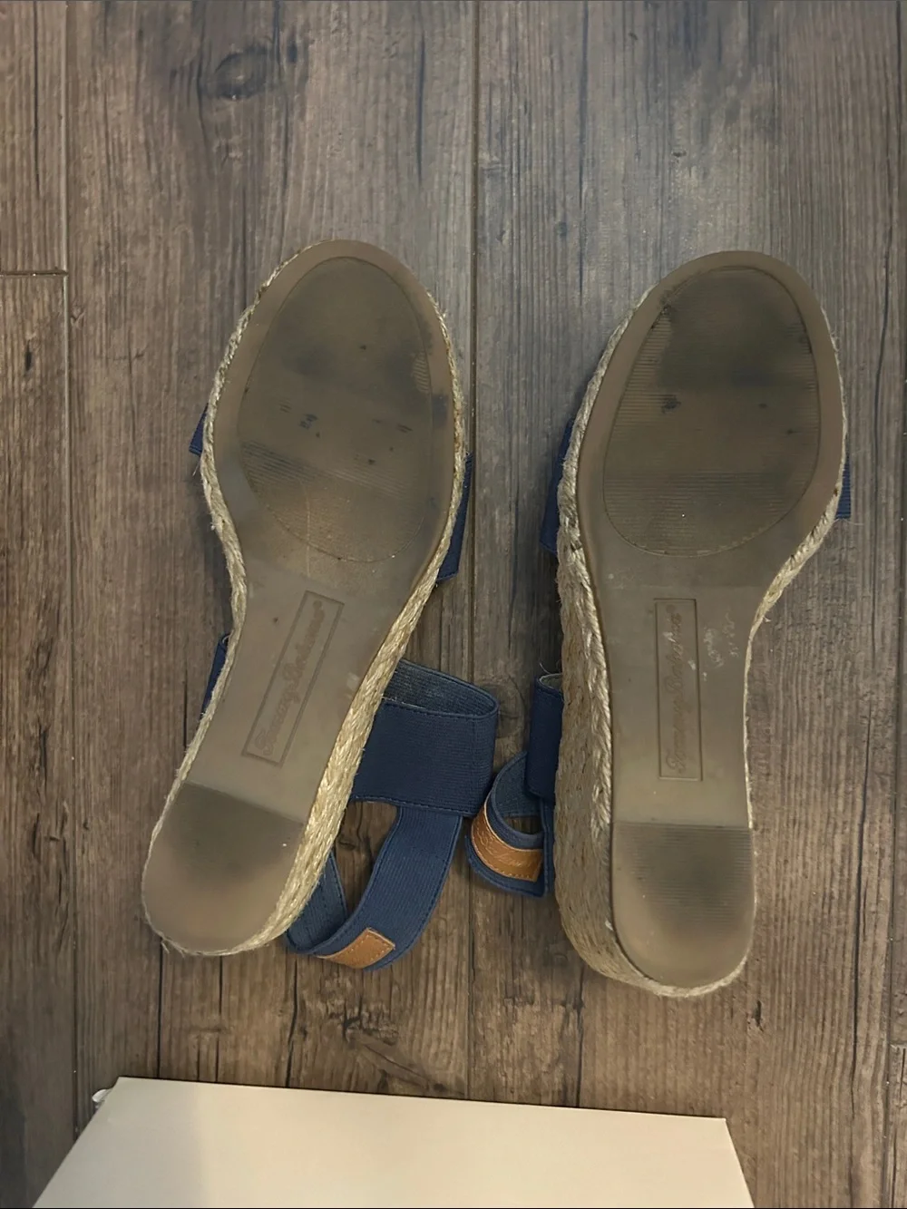 Tommy Bahama Navy Elastic Strap Wedge Sandals with Tan Footbed